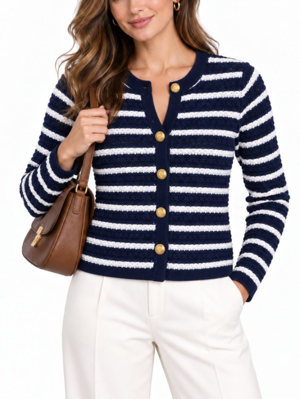 GAP Women's Navy & White Striped Cotton Cardigan Gold Buttons Nautical (Size S)